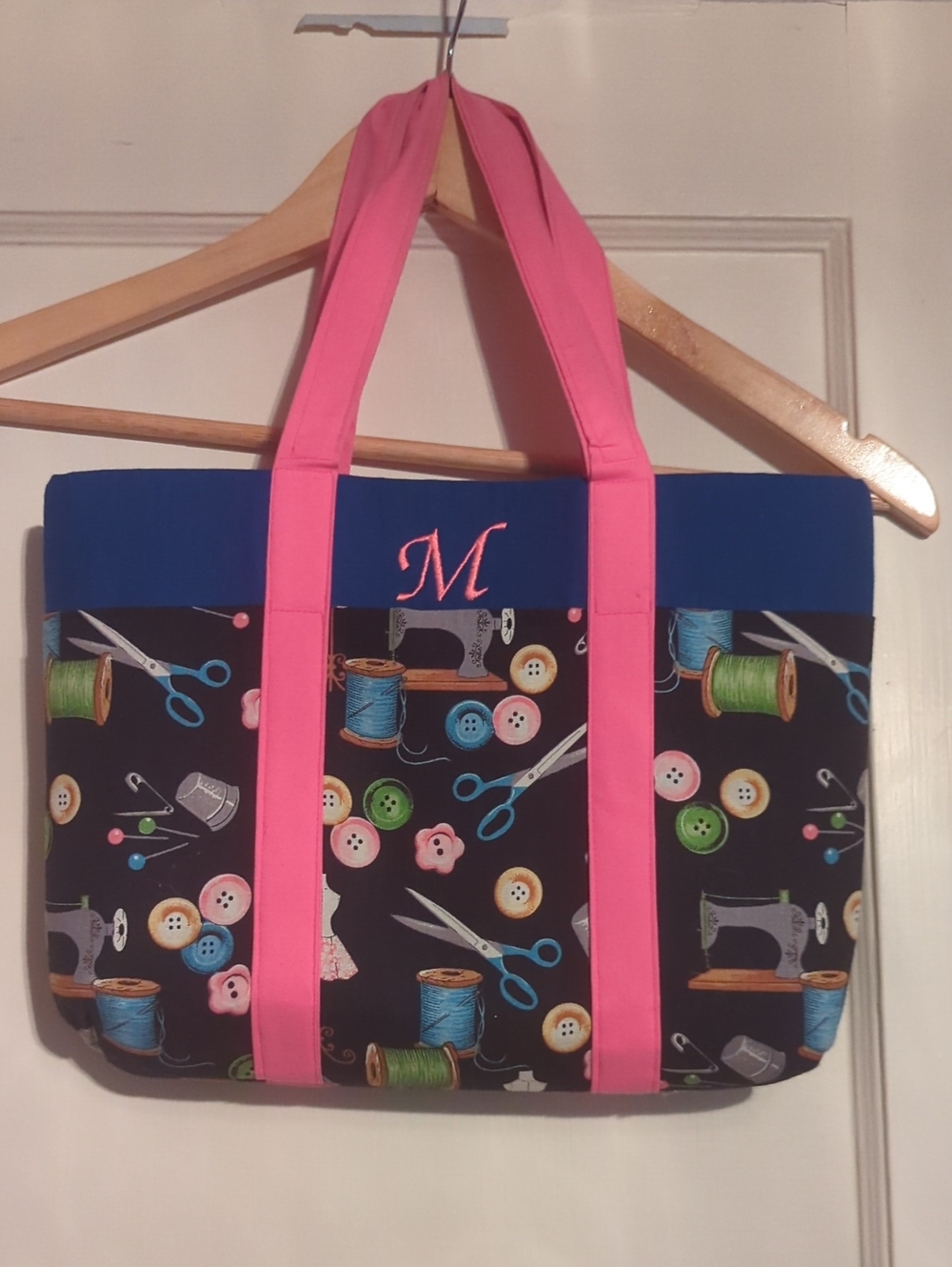 Personalized Sewing-Themed Tote Bag in Blue and Pink - Monogram "M"